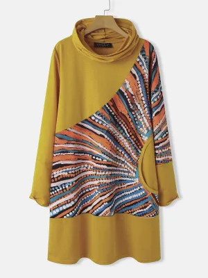 deanwangkt Women Vintage Colorful Print Patchwork Turtleneck Long Sleeve Midi Dresses
