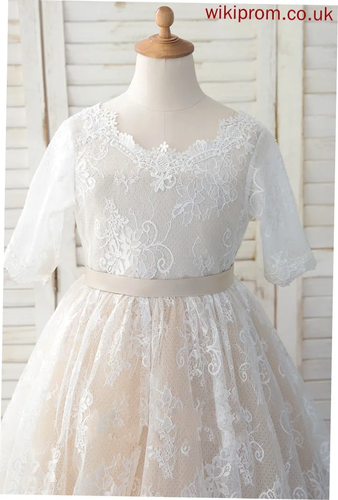 Dress Tea-length Bow(s) Flower Girl Dresses Sleeves Girl Neck Flower With Makaila A-Line - 3/4 Tulle/Lace Scoop