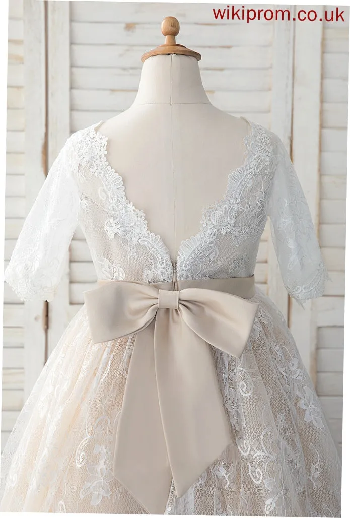 Dress Tea-length Bow(s) Flower Girl Dresses Sleeves Girl Neck Flower With Makaila A-Line - 3/4 Tulle/Lace Scoop
