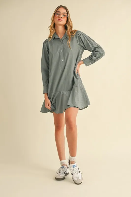 Dusty Blue Striped Flounce Hem Dress