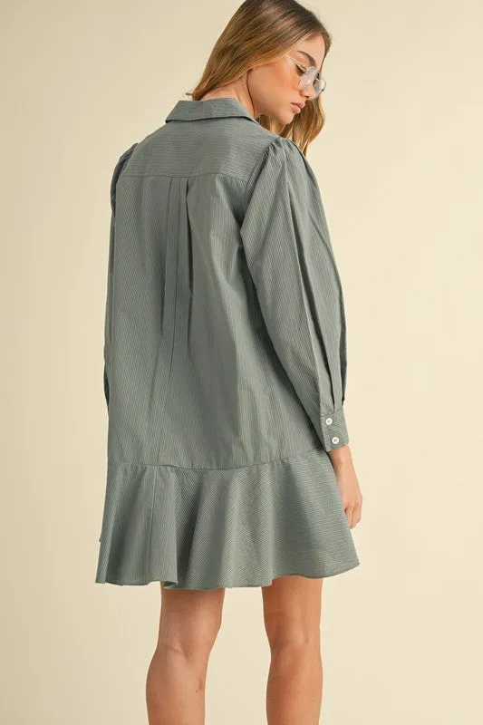 Dusty Blue Striped Flounce Hem Dress
