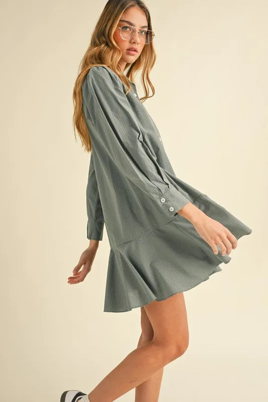 Dusty Blue Striped Flounce Hem Dress
