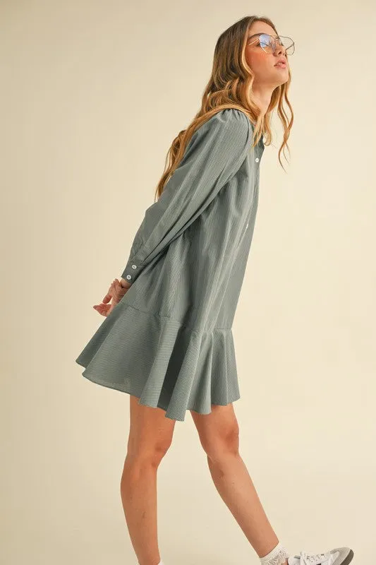 Dusty Blue Striped Flounce Hem Dress