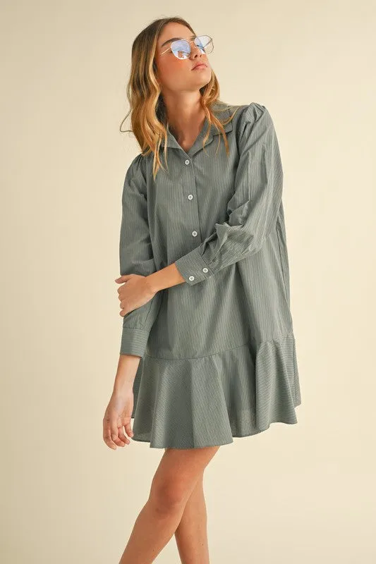 Dusty Blue Striped Flounce Hem Dress