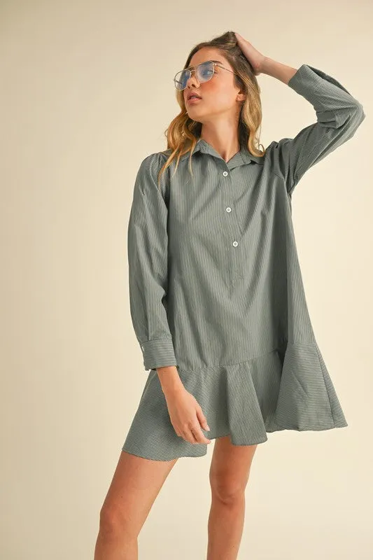 Dusty Blue Striped Flounce Hem Dress