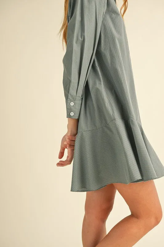 Dusty Blue Striped Flounce Hem Dress