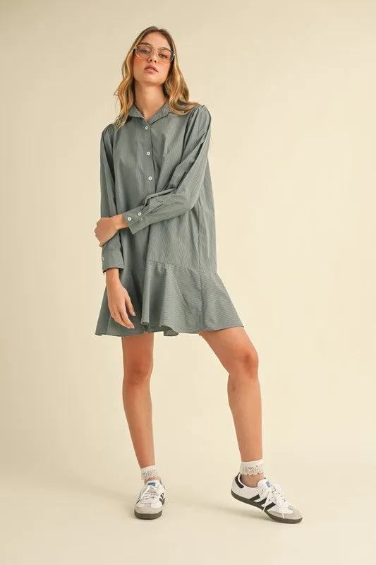 Dusty Blue Striped Flounce Hem Dress