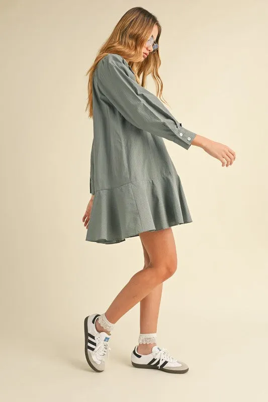 Dusty Blue Striped Flounce Hem Dress