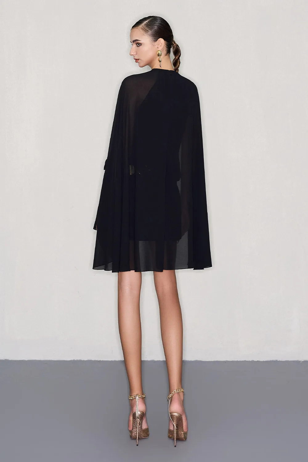 Esme Cape Mock Neck Chiffon Mini Dress