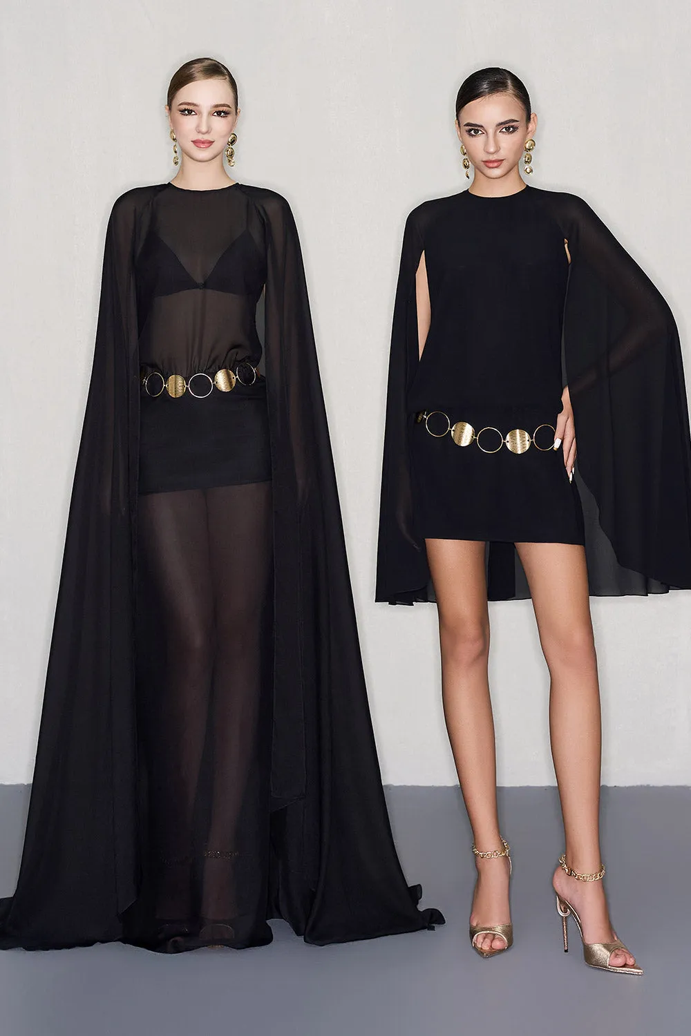 Esme Cape Mock Neck Chiffon Mini Dress