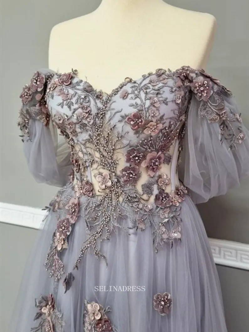 Fantasy Tulle Long Prom Dresses Princess Dress Floral Beaded Evening Dress POL022
