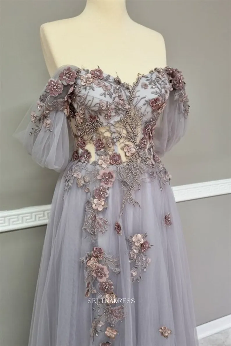 Fantasy Tulle Long Prom Dresses Princess Dress Floral Beaded Evening Dress POL022