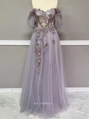 Fantasy Tulle Long Prom Dresses Princess Dress Floral Beaded Evening Dress POL022