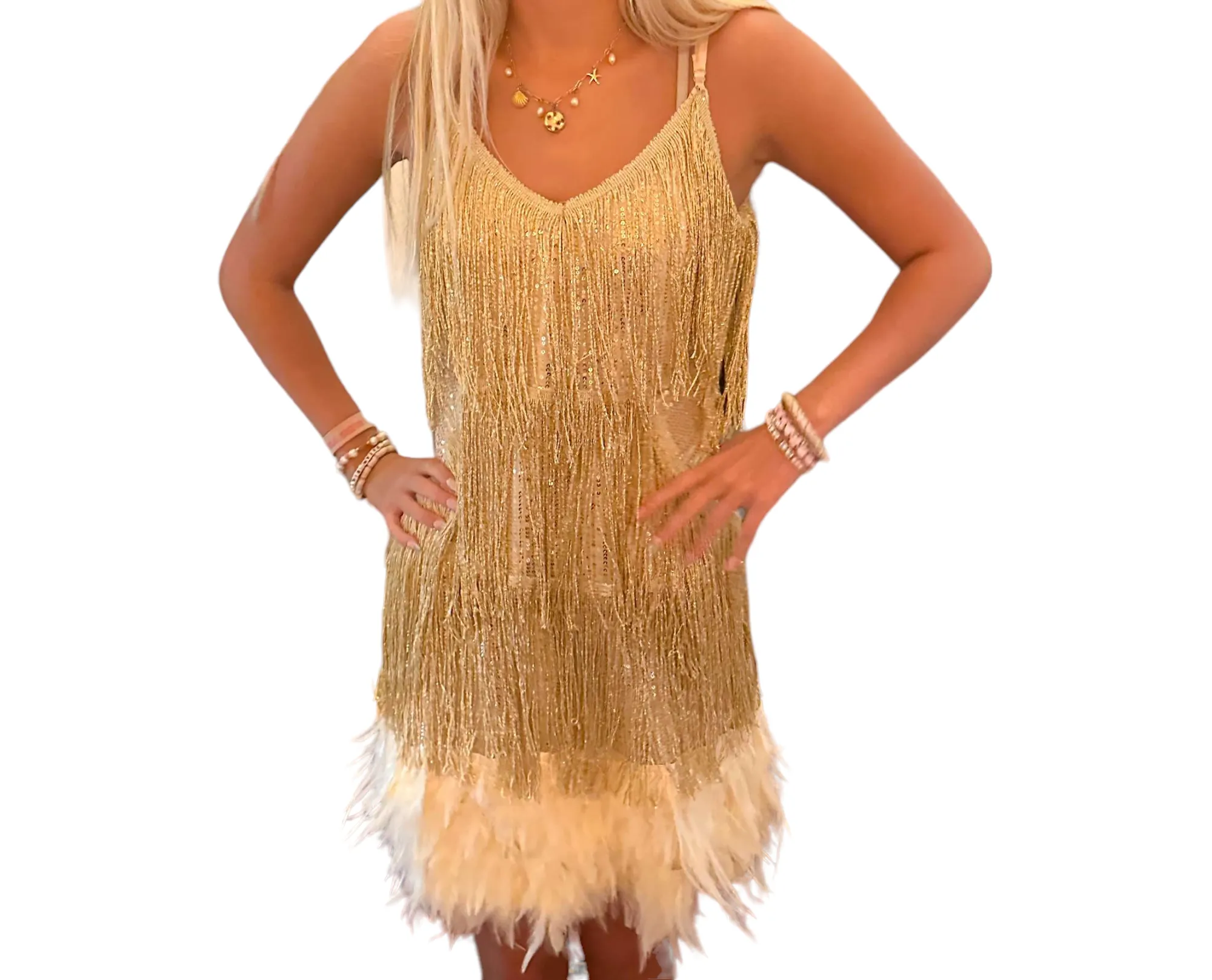 Feathered Sequins: The Shimmering Gold Glam Dress
