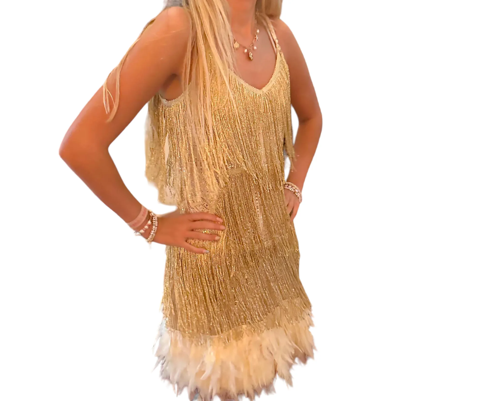 Feathered Sequins: The Shimmering Gold Glam Dress