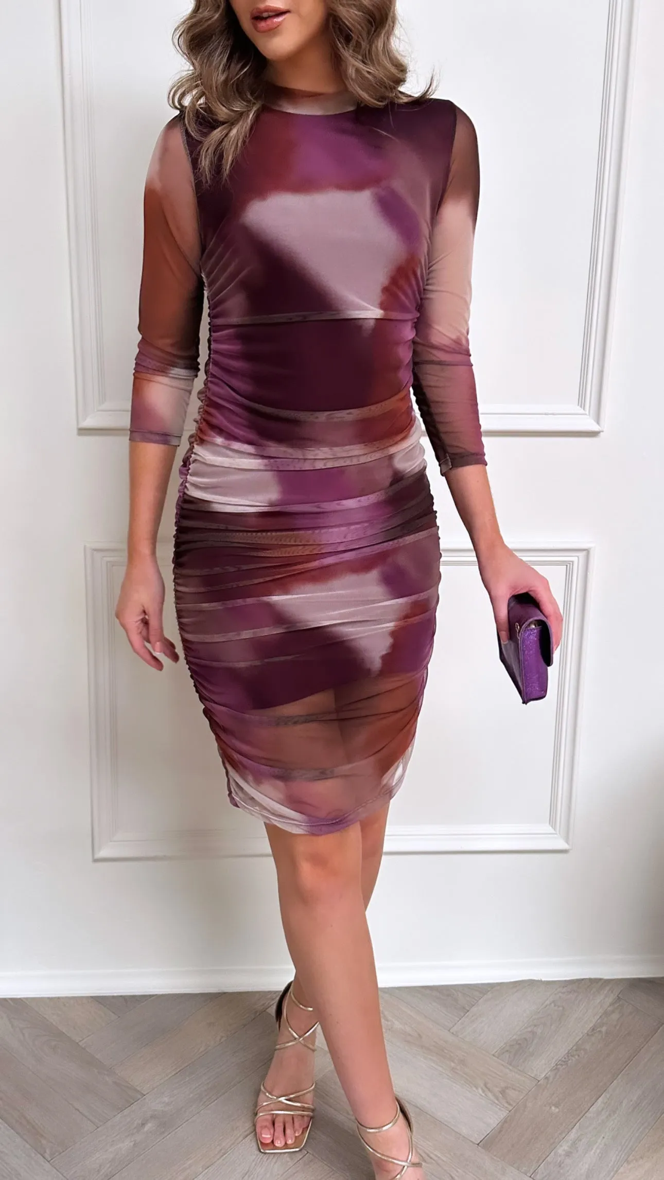 Finley Purple Printed Ruched Midi Dress