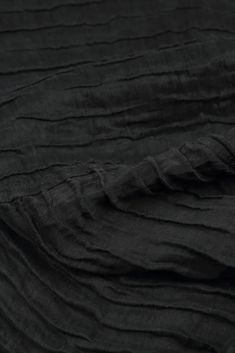 Flared Crinkled Black Silk Linen Dress