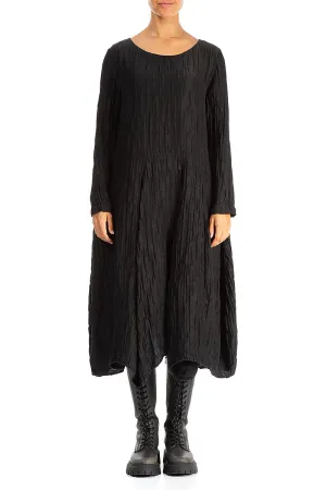 Flared Crinkled Black Silk Linen Dress