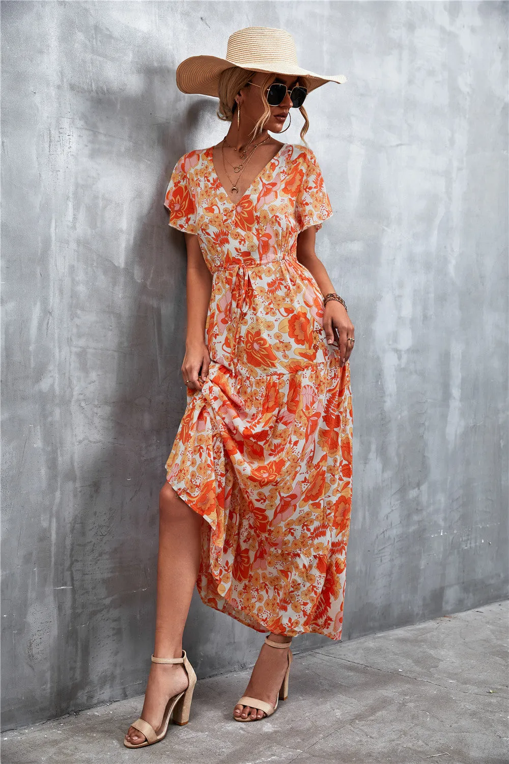 Floral Buttoned Drawstring Waist Tiered Dress