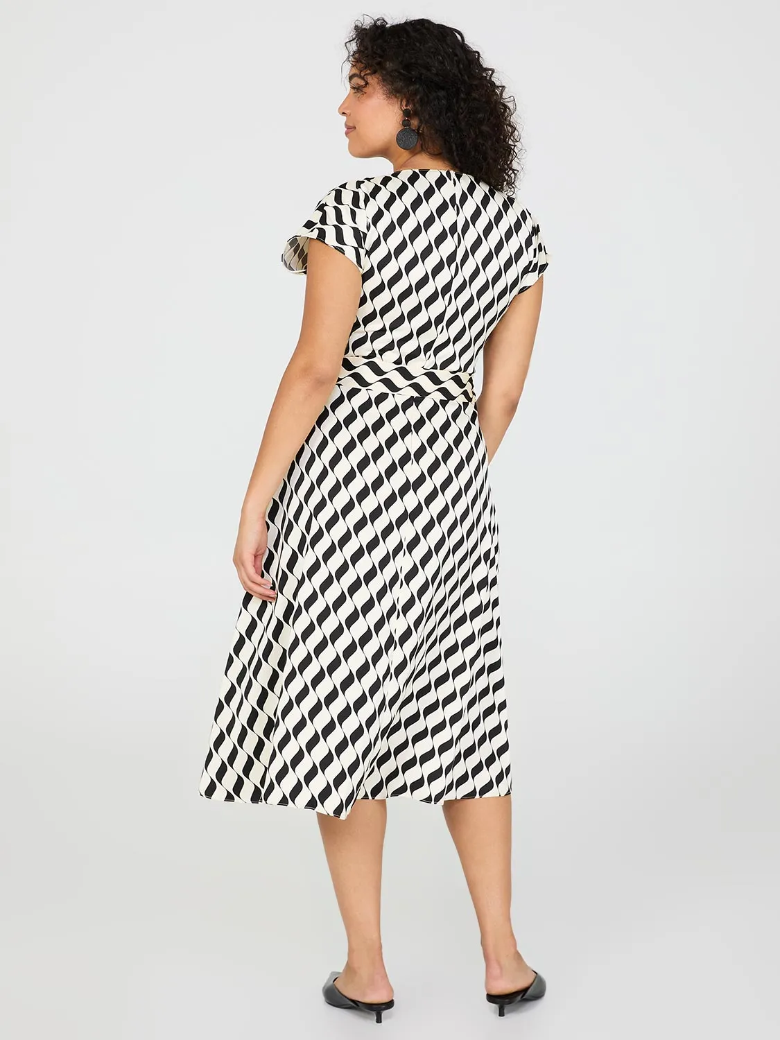 Geo Print V-Neck Satin Midi Dress