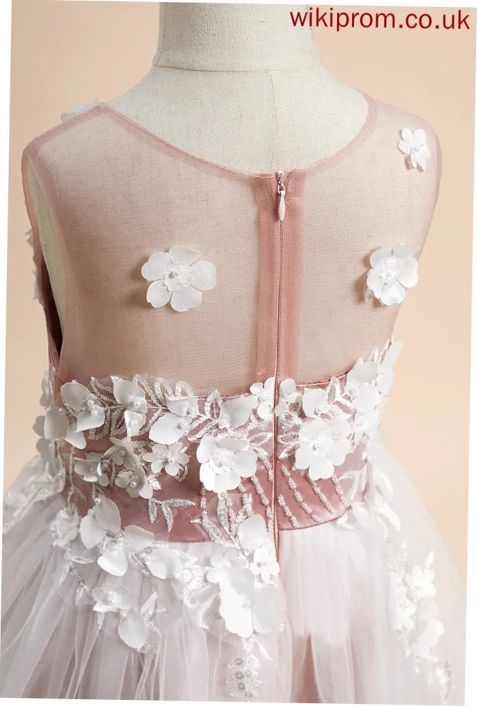 Girl Flower Girl Dresses - Lace/Beading/Flower(s) Dress Neck Tulle Scoop Tea-length A-Line Flower Sleeveless Mya With