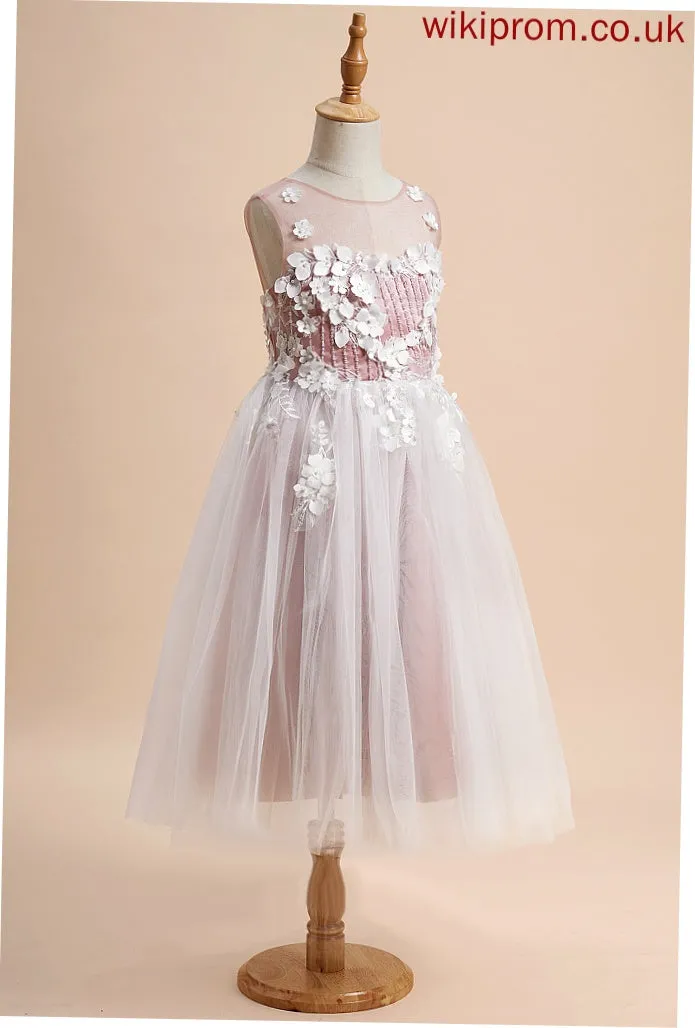 Girl Flower Girl Dresses - Lace/Beading/Flower(s) Dress Neck Tulle Scoop Tea-length A-Line Flower Sleeveless Mya With