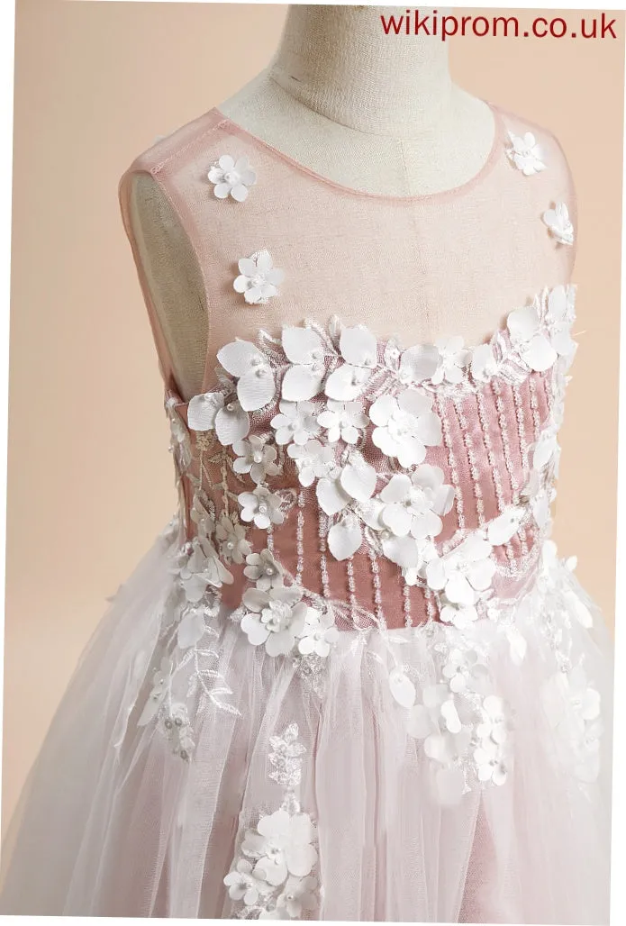 Girl Flower Girl Dresses - Lace/Beading/Flower(s) Dress Neck Tulle Scoop Tea-length A-Line Flower Sleeveless Mya With