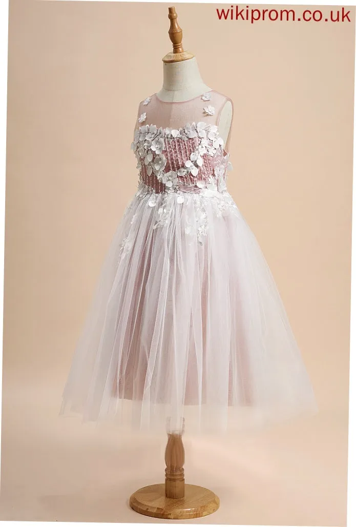 Girl Flower Girl Dresses - Lace/Beading/Flower(s) Dress Neck Tulle Scoop Tea-length A-Line Flower Sleeveless Mya With