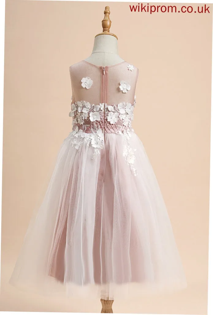 Girl Flower Girl Dresses - Lace/Beading/Flower(s) Dress Neck Tulle Scoop Tea-length A-Line Flower Sleeveless Mya With