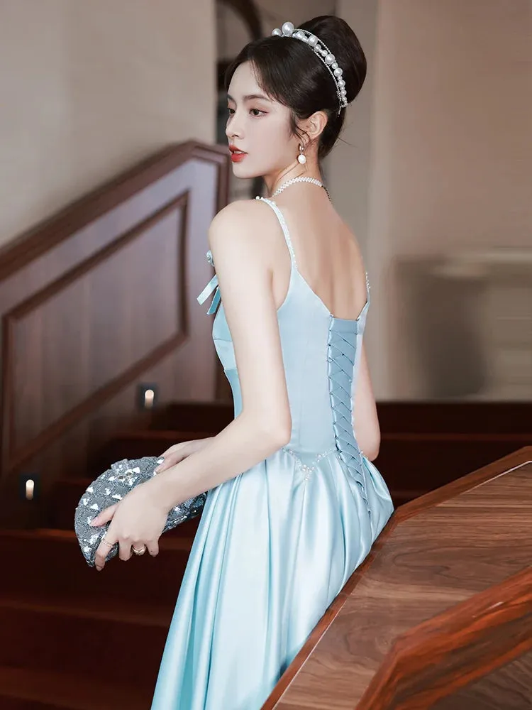 Girlary Women's Spaghetti Strap Evening Dress High Level Pearls Backless Quinceanera Gown Classic Slim Birthday Party Dresses
