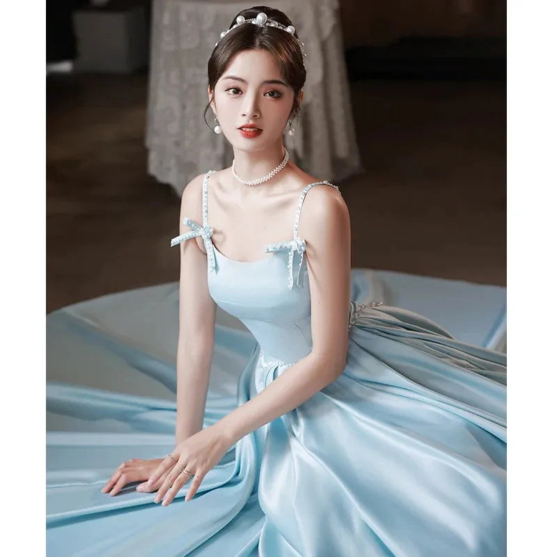 Girlary Women's Spaghetti Strap Evening Dress High Level Pearls Backless Quinceanera Gown Classic Slim Birthday Party Dresses