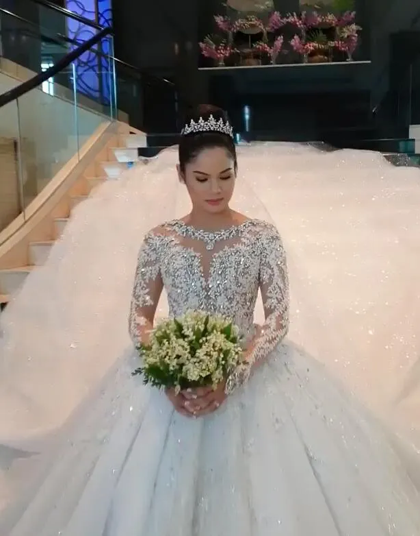 Glamorous Long Sleeve Ball Gown Wedding Dresses | Lace Appliques Tulle Bridal Gown BC0895