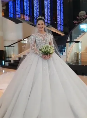 Glamorous Long Sleeve Ball Gown Wedding Dresses | Lace Appliques Tulle Bridal Gown BC0895