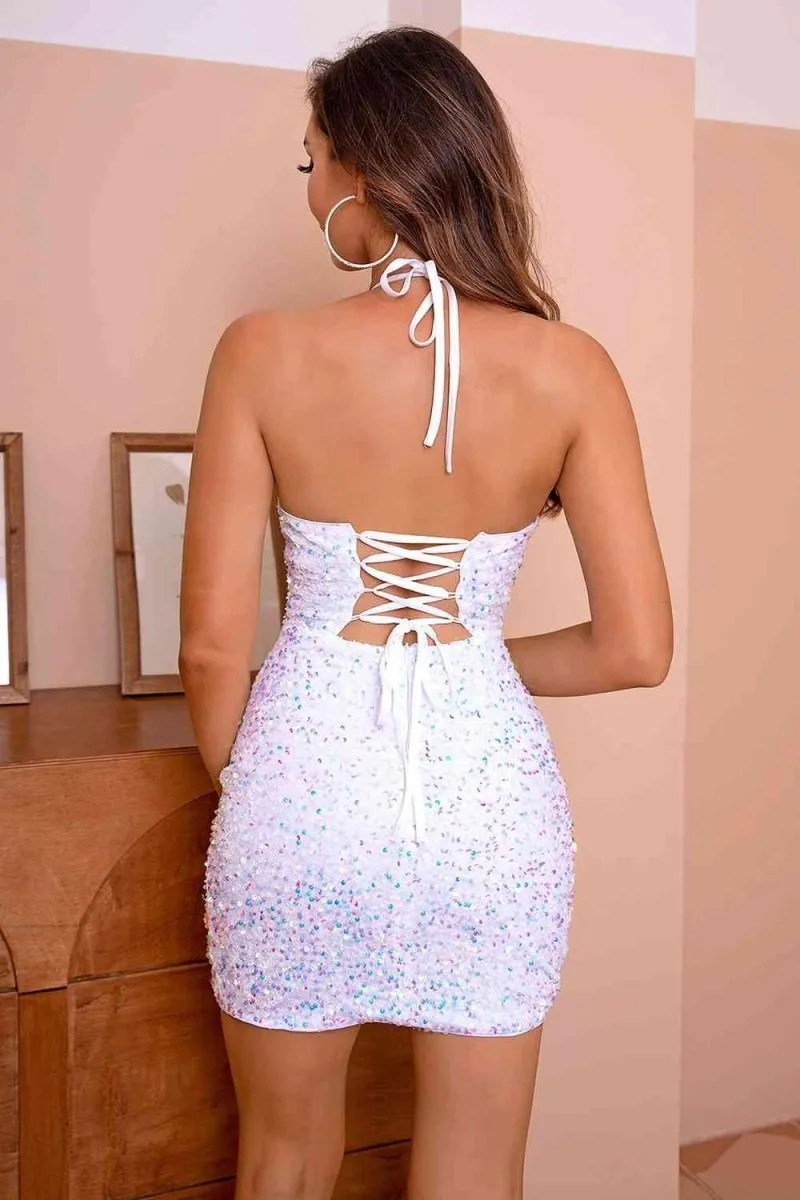 Goddess Sequin Lace-Up Halter Dress