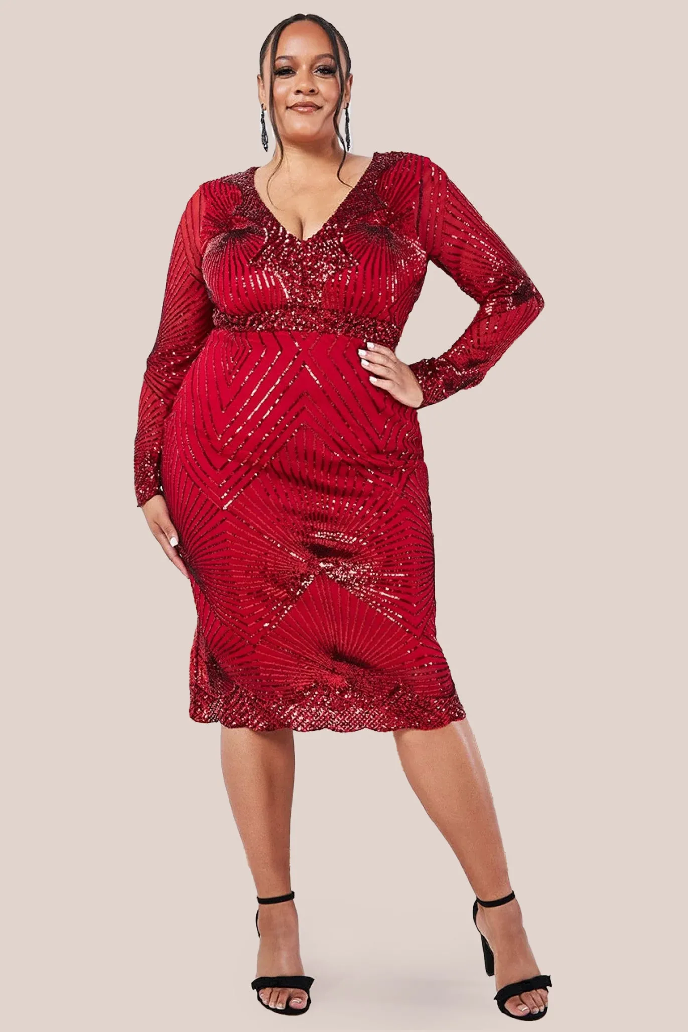 Goddiva Plus Scalloped Hem Starburst Midi Dress - Red