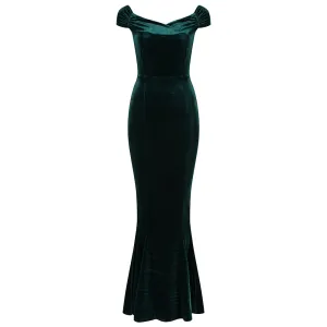 Green Cap Sleeve Crossover Bust Fishtail Hem Velour Maxi Dress