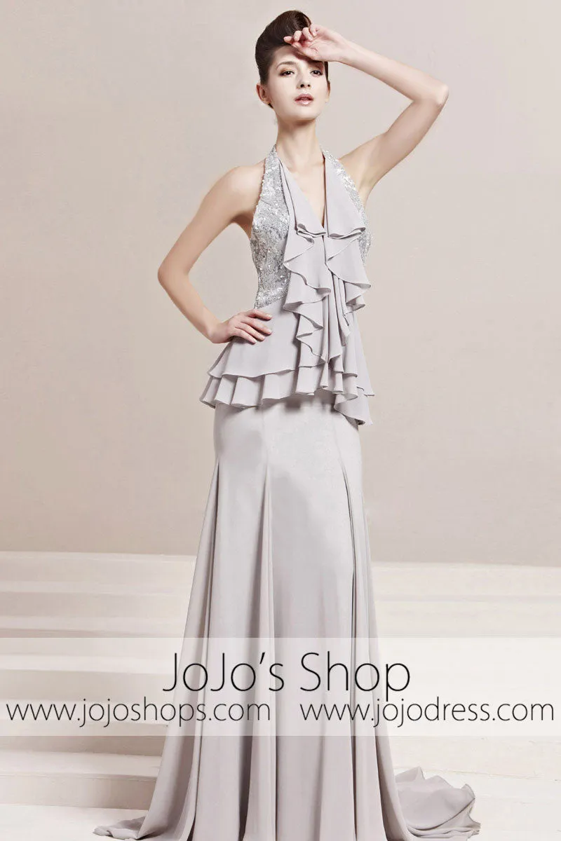 Grey Halter Ruffle Long Home Coming Prom Evening Cocktail Dress CX830158