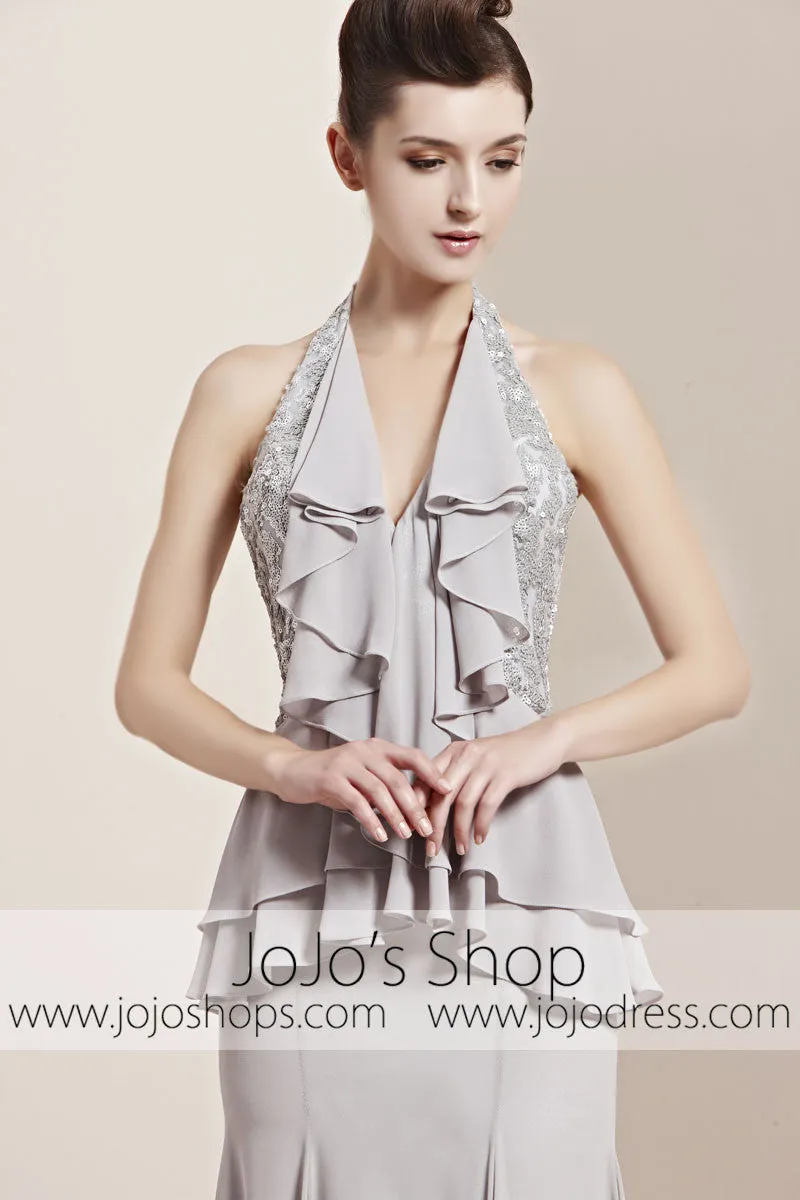 Grey Halter Ruffle Long Home Coming Prom Evening Cocktail Dress CX830158