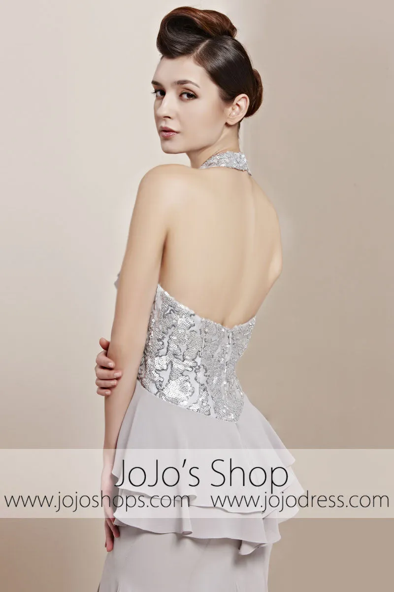 Grey Halter Ruffle Long Home Coming Prom Evening Cocktail Dress CX830158
