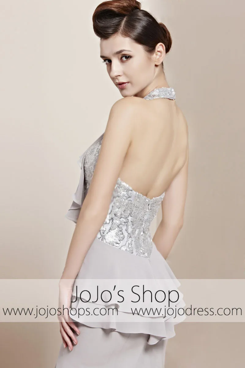 Grey Halter Ruffle Long Home Coming Prom Evening Cocktail Dress CX830158