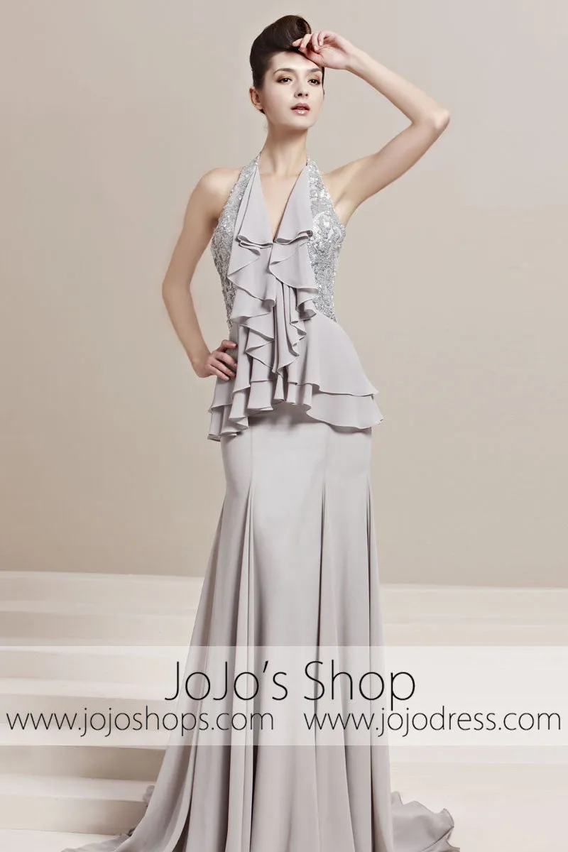 Grey Halter Ruffle Long Home Coming Prom Evening Cocktail Dress CX830158