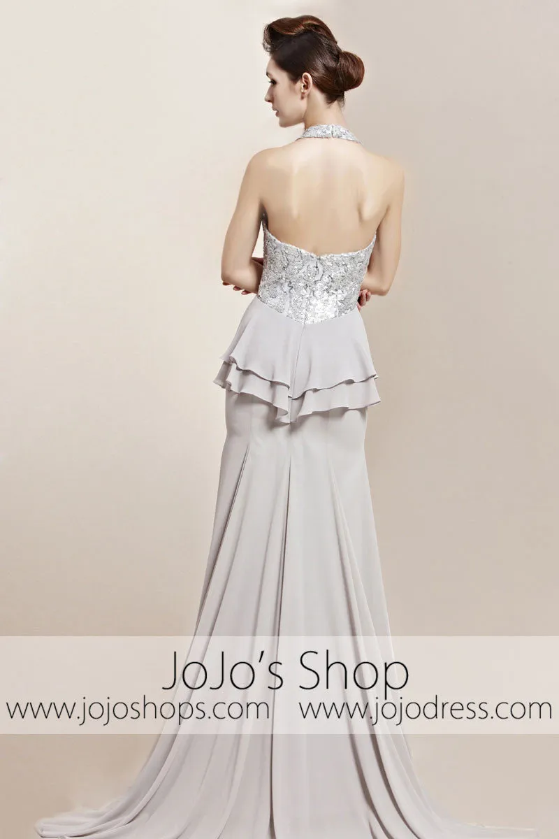 Grey Halter Ruffle Long Home Coming Prom Evening Cocktail Dress CX830158
