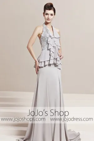 Grey Halter Ruffle Long Home Coming Prom Evening Cocktail Dress CX830158