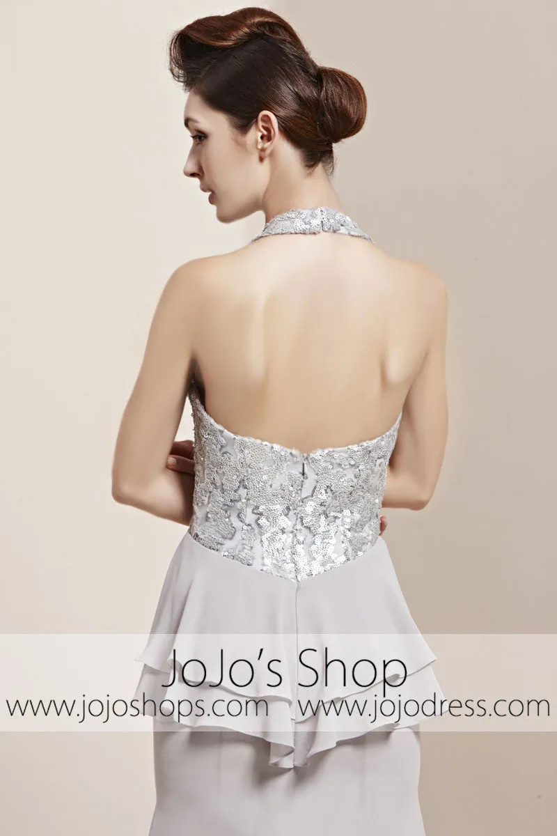 Grey Halter Ruffle Long Home Coming Prom Evening Cocktail Dress CX830158