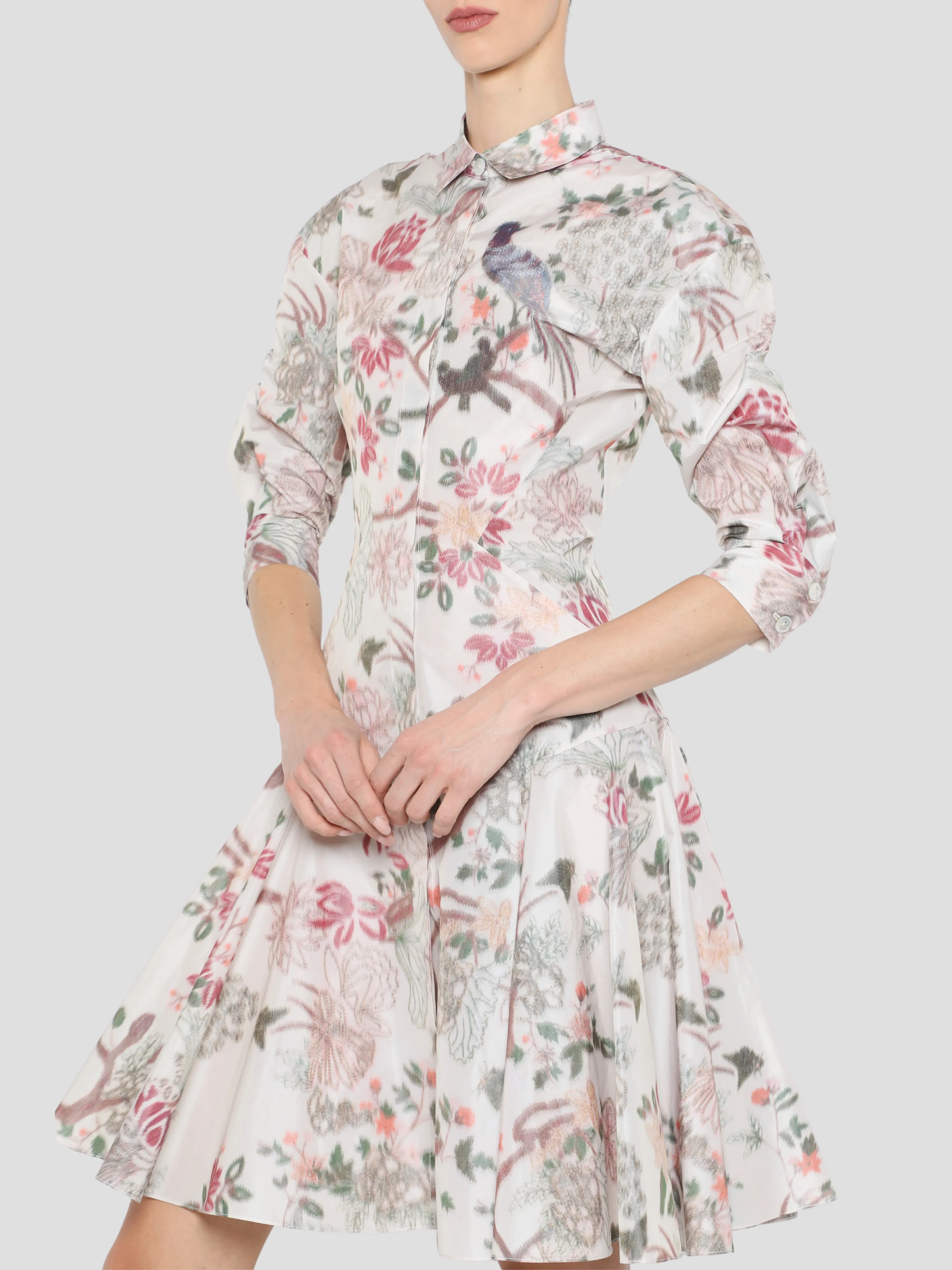 Half Sleeve Mini Shirtdress in Ecru Multi
