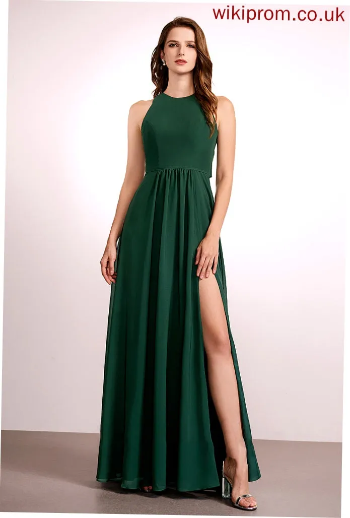 HighNeck Neckline Floor-Length Fabric Embellishment Length A-Line SplitFront Silhouette Noelle Bridesmaid Dresses