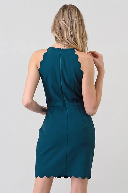 Hunter Green Simple Mini Dress With Scallop Hem