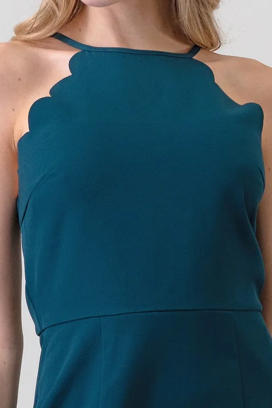 Hunter Green Simple Mini Dress With Scallop Hem