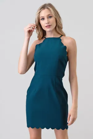 Hunter Green Simple Mini Dress With Scallop Hem