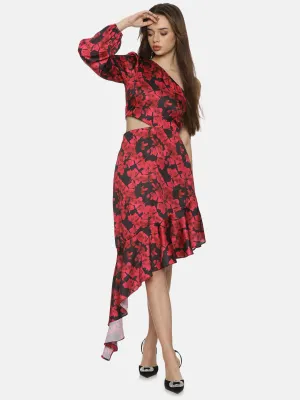 IS.U Floral Red One Shoulder Assymetrical Dress